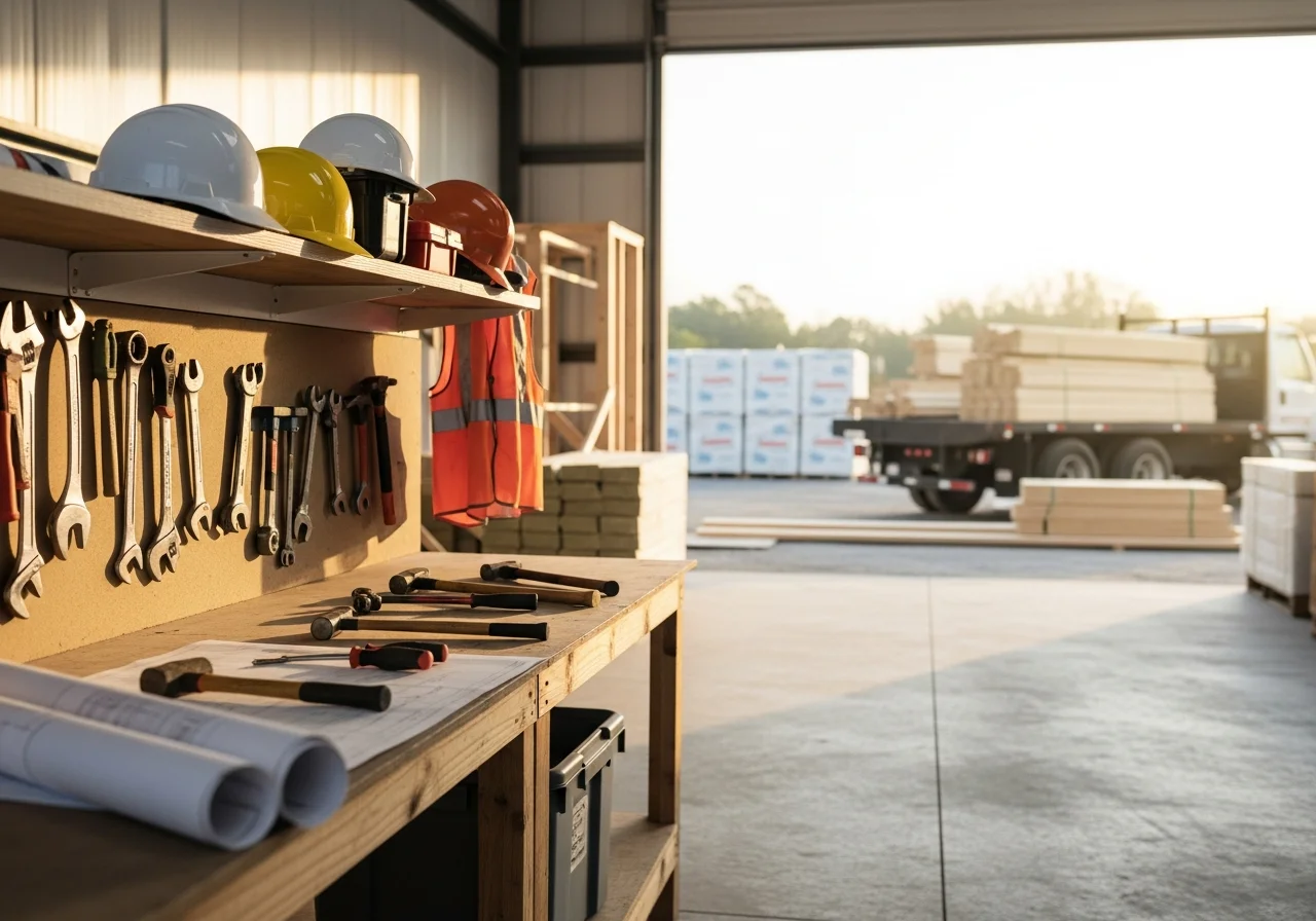 Construction crew and tools on an active job site, representing skilled trades and project readiness.