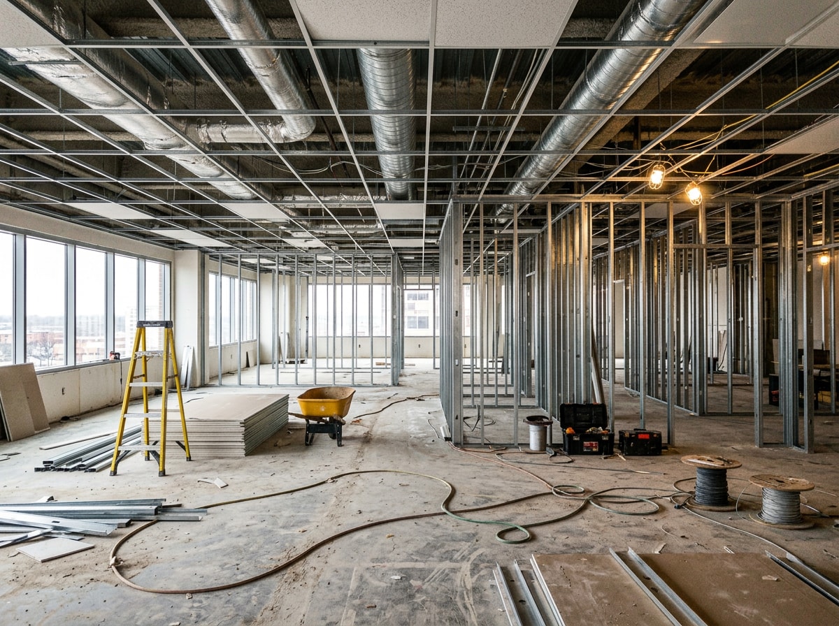 Commercial office build-out with new partition walls and ceiling grid in progress