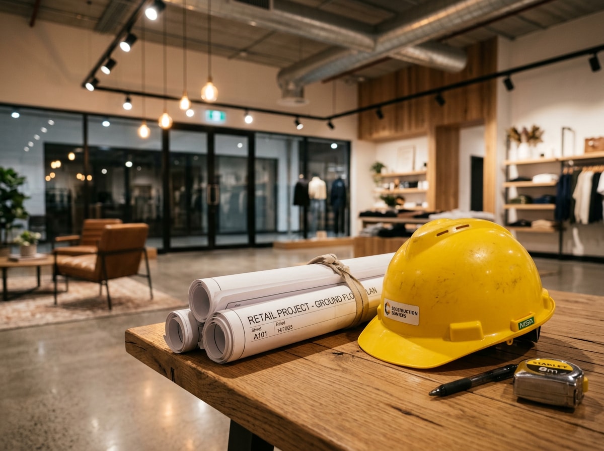 Licensed commercial contractor reviewing blueprints with a completed build-out in the background