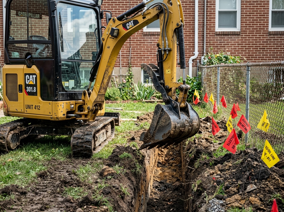 Excavator digging a utility trench on a Washington DC residential lot