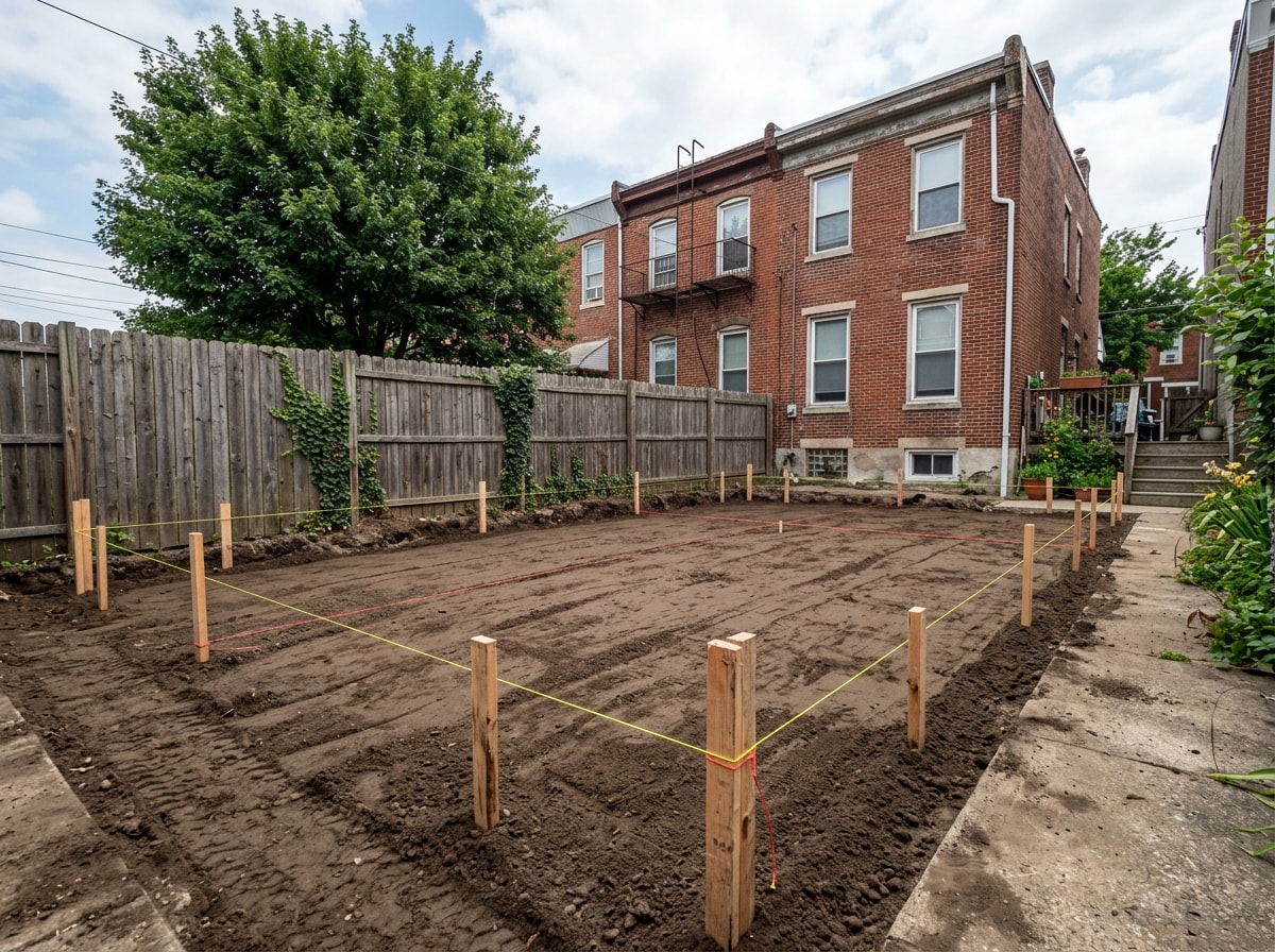 Backfilled and graded excavation site ready for foundation work in a Washington DC backyard