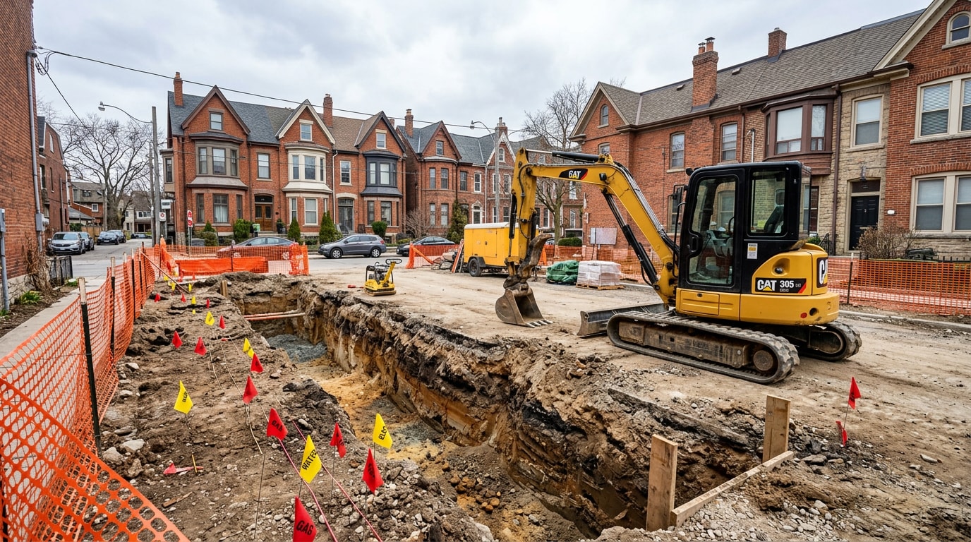 Professional excavation site with mini excavator and foundation trench in an urban Washington DC neighborhood Professional excavation site with mini excavator and foundation trench in an urban Washington DC neighborhood