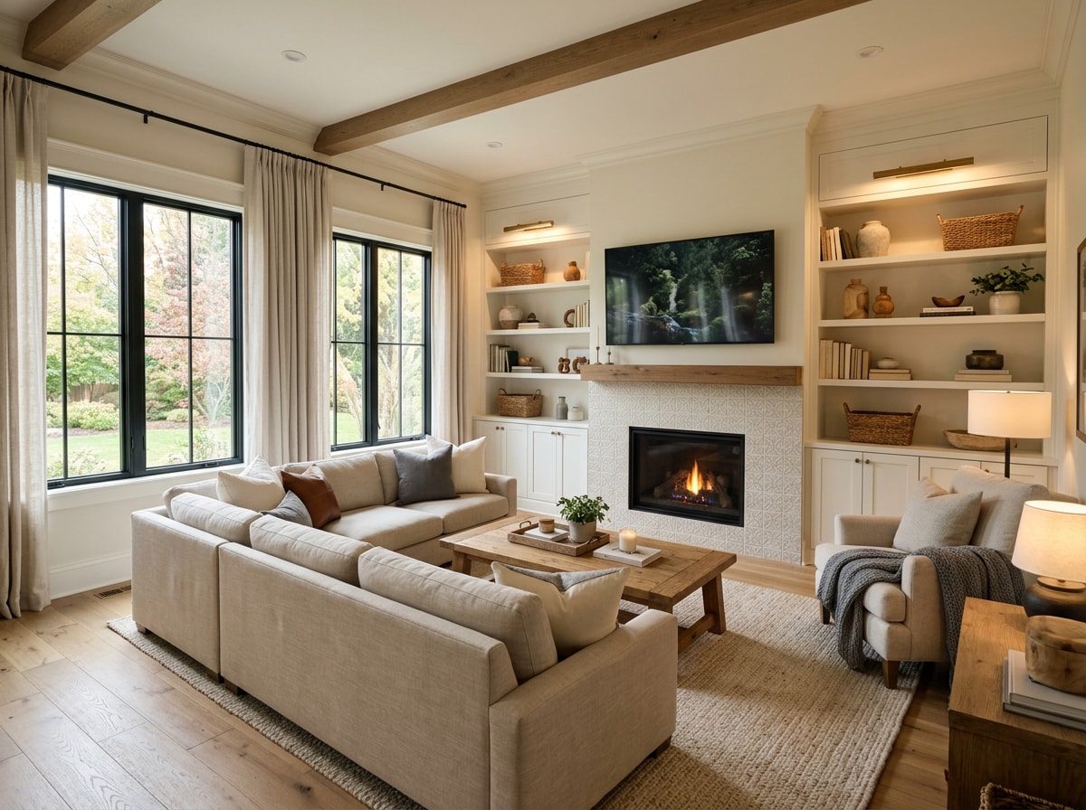 Built-in media wall with a gas fireplace in a Leesburg family room addition