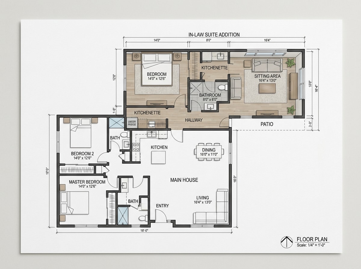 Floor plan example of an in-law suite addition attached to a Leesburg home