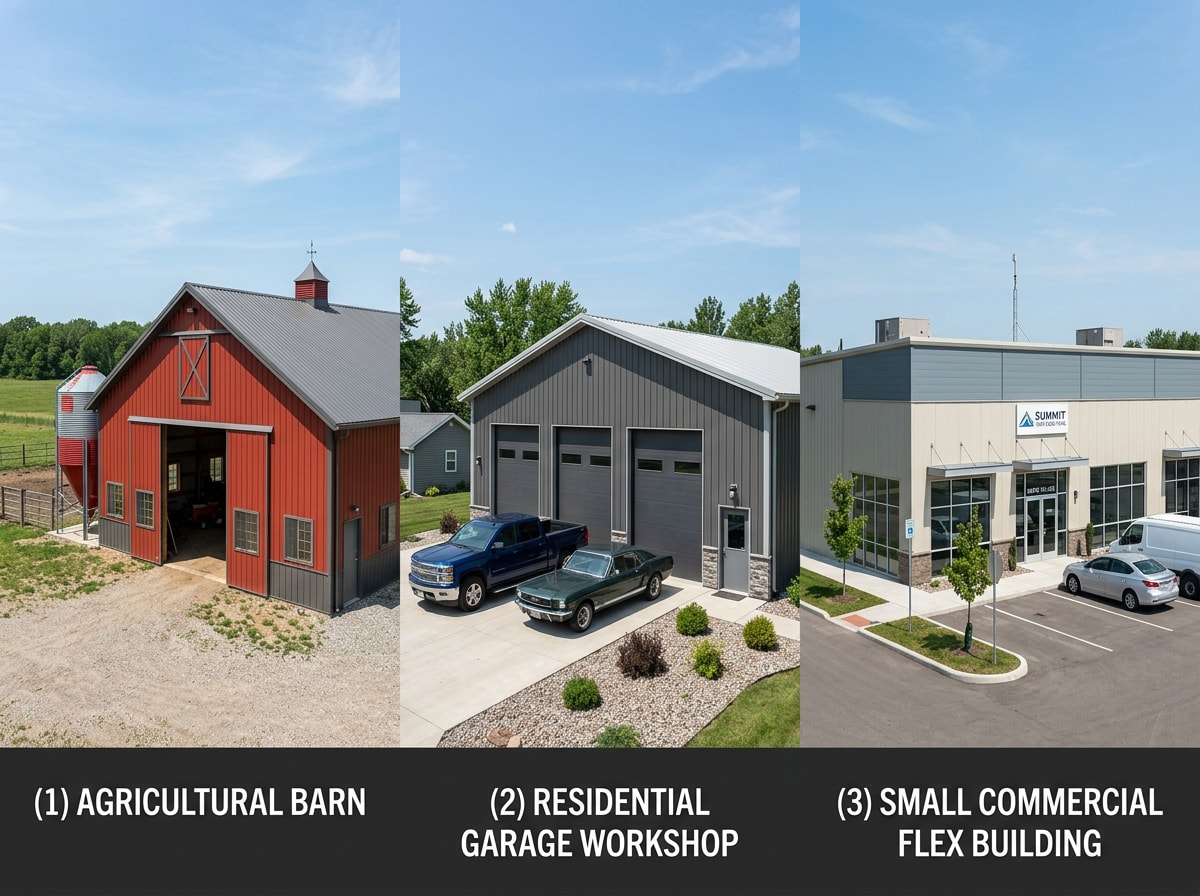 Side-by-side comparison of metal building portfolio photos for agricultural, residential, and commercial projects