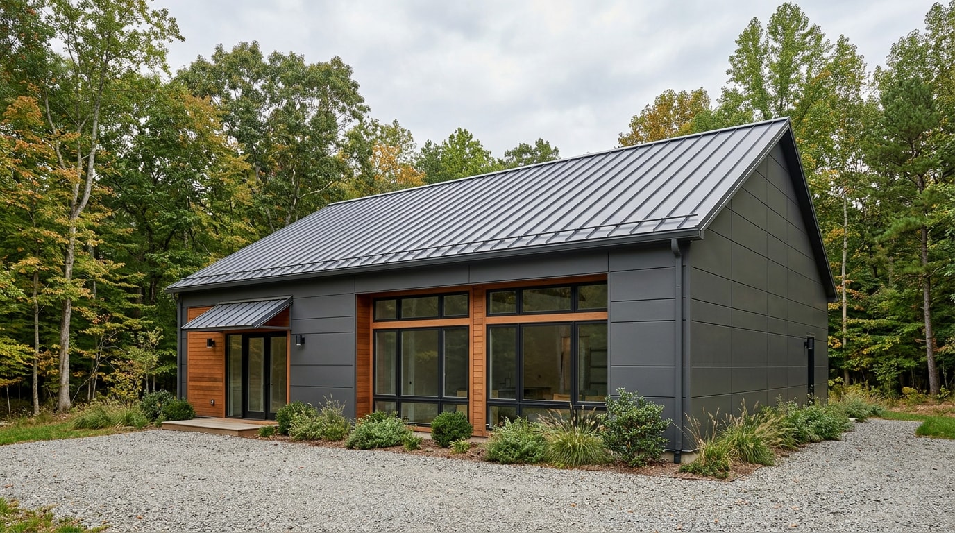 Finished metal building with standing-seam roof in a Virginia setting
