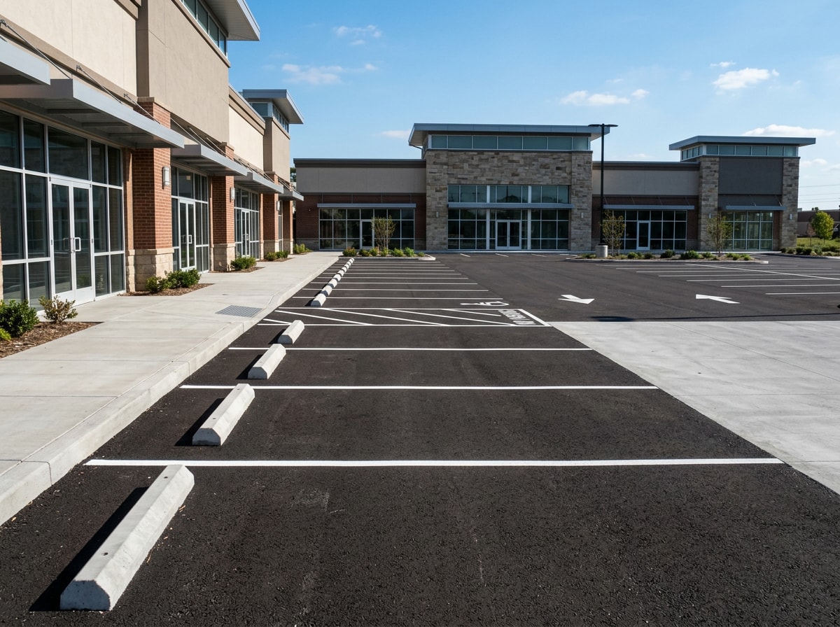 Finished commercial concrete parking lot with painted traffic lanes in Arlington, VA