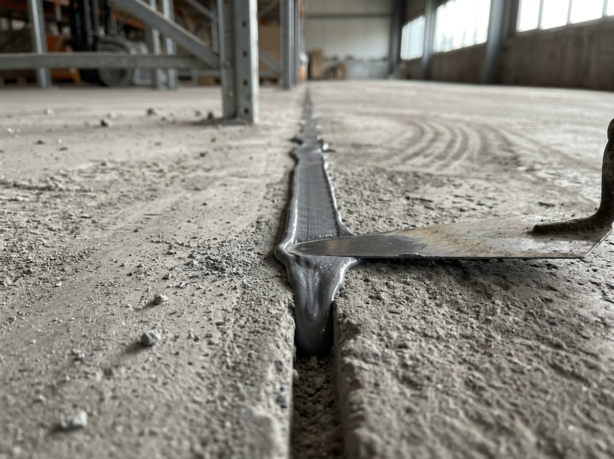 Technician performing concrete joint filling and crack repair on an industrial floor slab