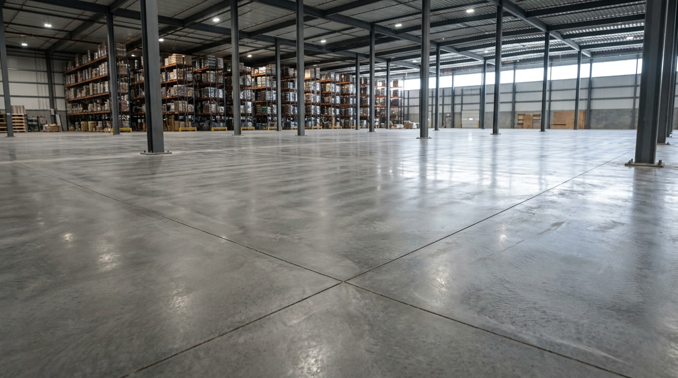 Freshly finished industrial concrete warehouse floor slab with steel columns
