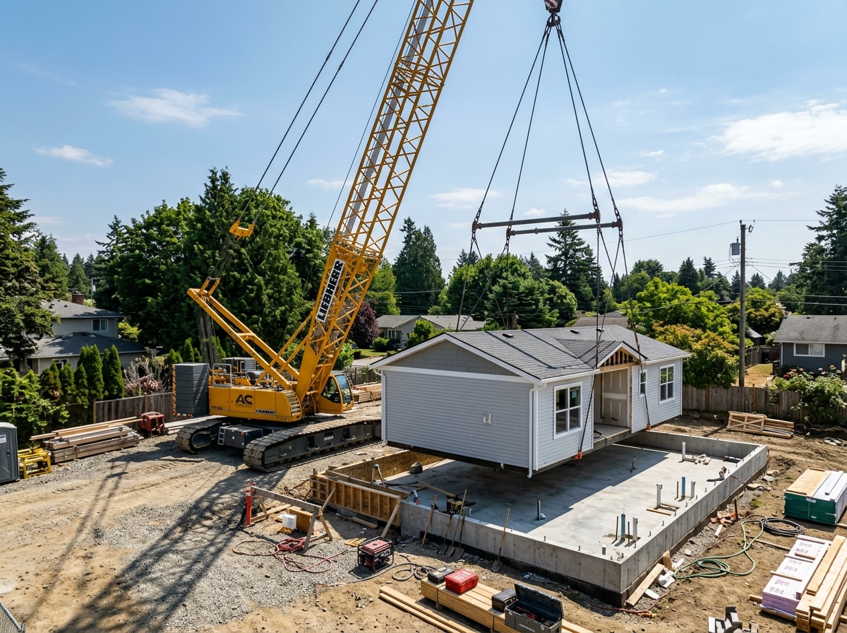 Crane setting modular home sections onto a foundation near Reston, Virginia