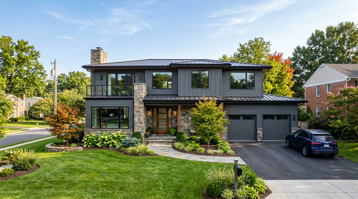 Finished modular home exterior on a suburban lot in Northern Virginia
