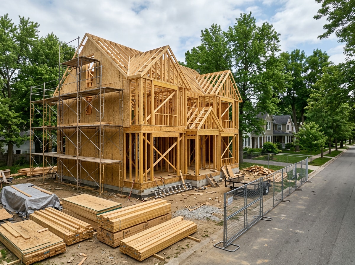 Custom home under construction on a tree-lined Vienna, VA street
