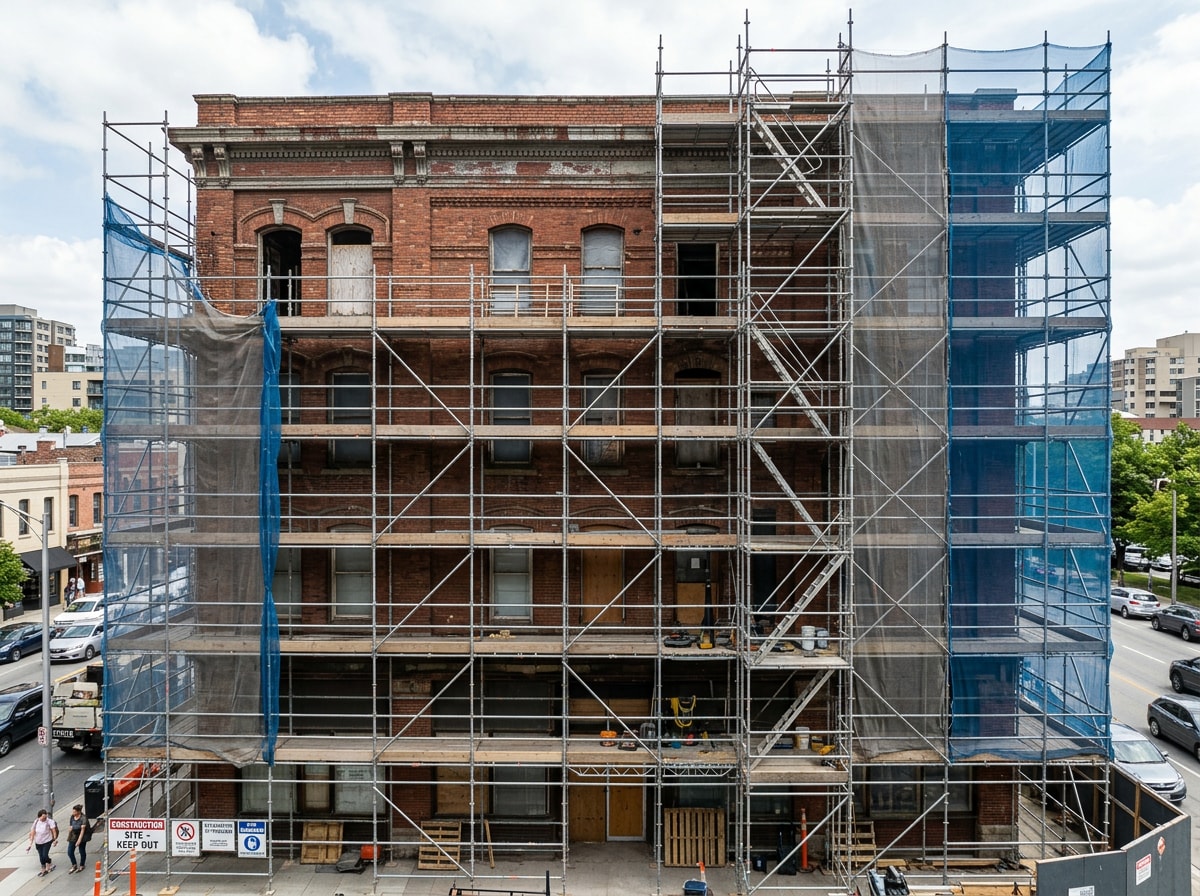 Scaffolding erected on a commercial building in Alexandria, VA during a restoration project