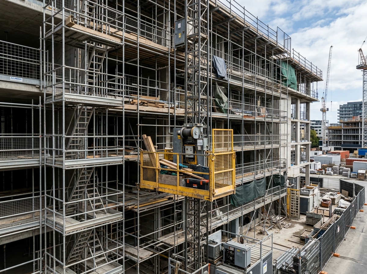 Construction hoist and material lift operating alongside scaffolding on a multi-story Alexandria job site