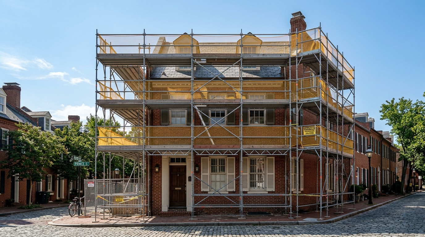 Scaffolding erected along a historic brick building facade in Alexandria, VA Scaffolding erected along a historic brick building facade in Alexandria, VA