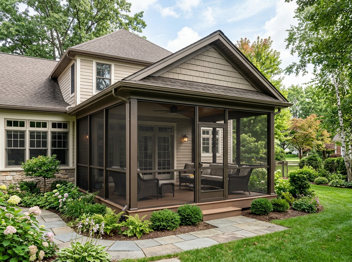 Finished screen room enclosure on an Arlington, VA home with aluminum framing and mesh screening
