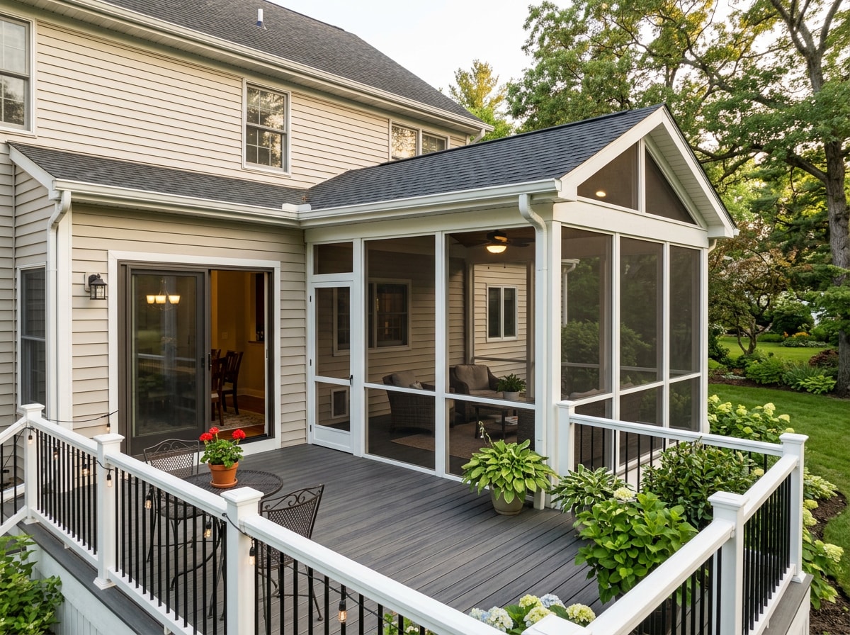 Design rendering showing indoor-outdoor transition between an Arlington home and a screened porch addition