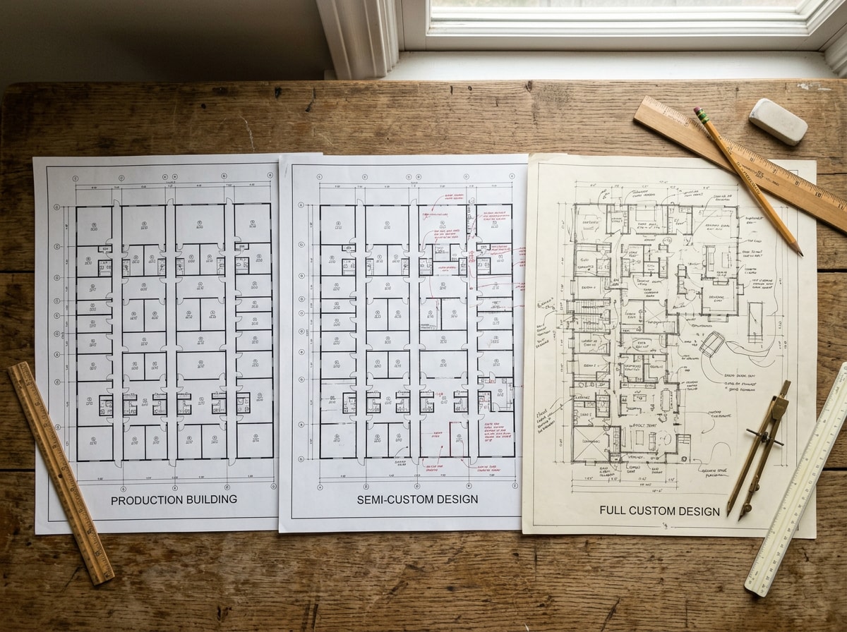 Diagram comparing production, semi-custom, and fully custom home building approaches