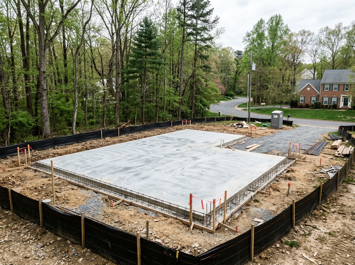 Cleared residential lot in Great Falls, VA prepped with a new concrete foundation pad for a container home build