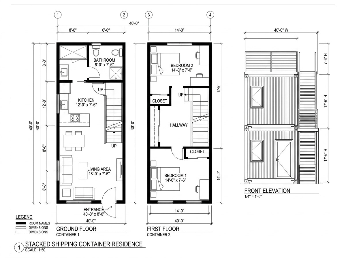 Multi-container home floor plan diagram showing two stacked 40-foot units connected by an open staircase