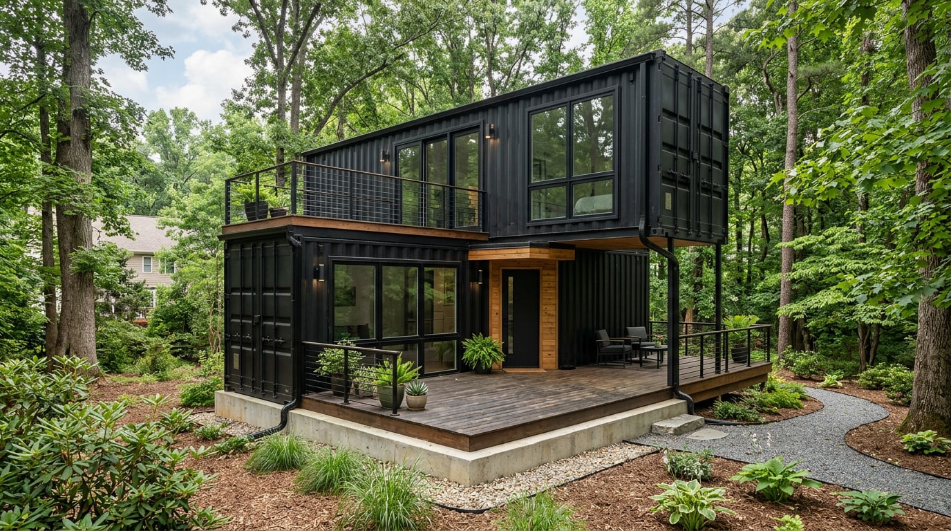 Modern shipping container home exterior in a Great Falls, Virginia residential setting