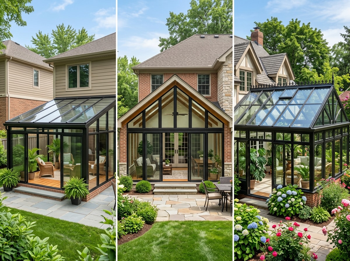 Side-by-side comparison of cathedral, conservatory, and straight-roof sunroom styles for a Bethesda, MD home addition