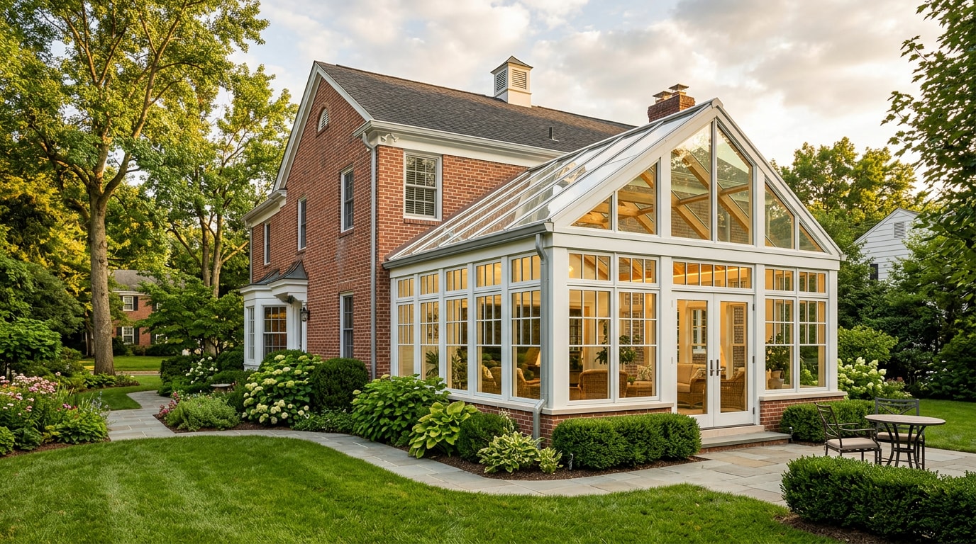 Finished glass sunroom addition on a brick home in Bethesda, MD