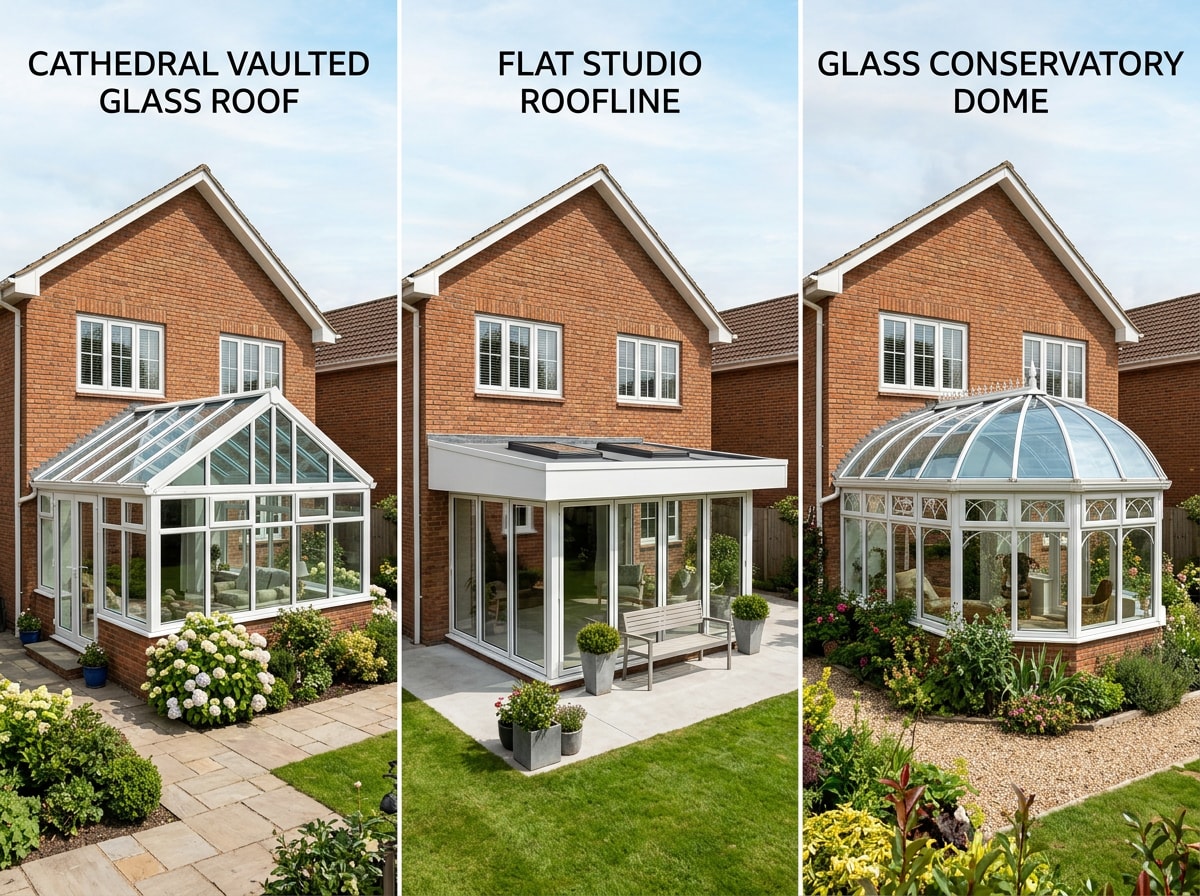 Comparison of three sunroom style rooflines including cathedral, studio, and conservatory on a Vienna, VA home