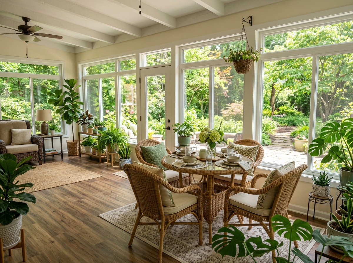 Furnished four-season sunroom addition in a Vienna, VA home set up as a bright dining and lounge area