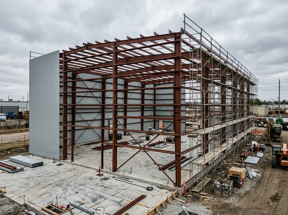 Exterior view of a pre-engineered metal warehouse building under construction in the Bethesda, MD area