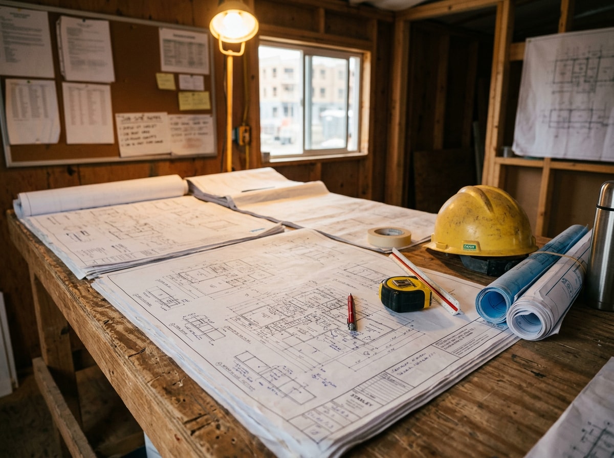 Project manager reviewing preconstruction plans and blueprints for a commercial warehouse project