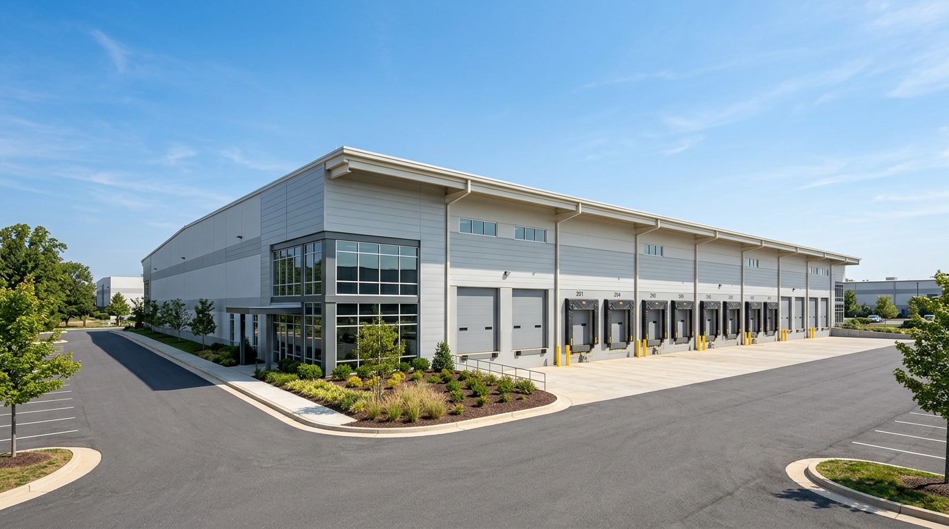 Finished pre-engineered metal warehouse building in a Bethesda, MD commercial area