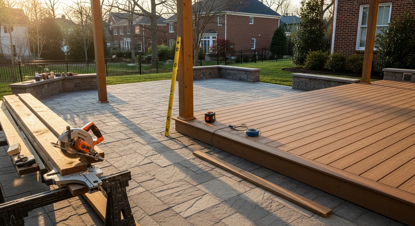 Custom patio and pergola installation in residential backyard
