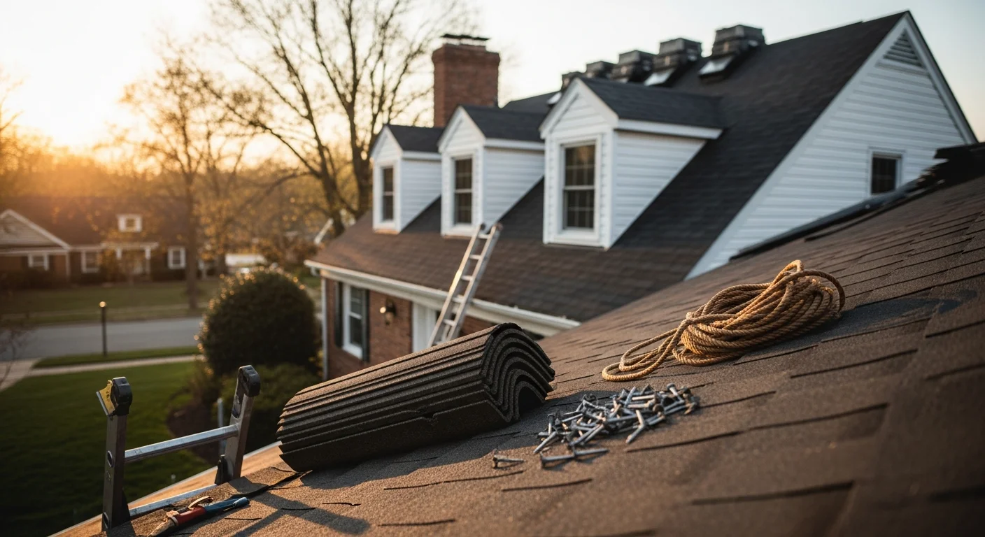 Roofing contractor installing new roof on residential home