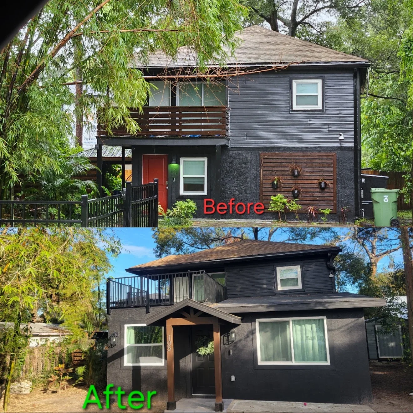 Before and after exterior renovation showing new black siding, roofing, windows, and deck construction