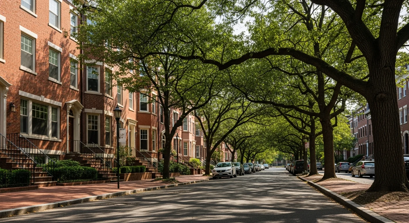 Tree-lined Arlington street with brick townhomes and parked cars, showing typical residential corridor.