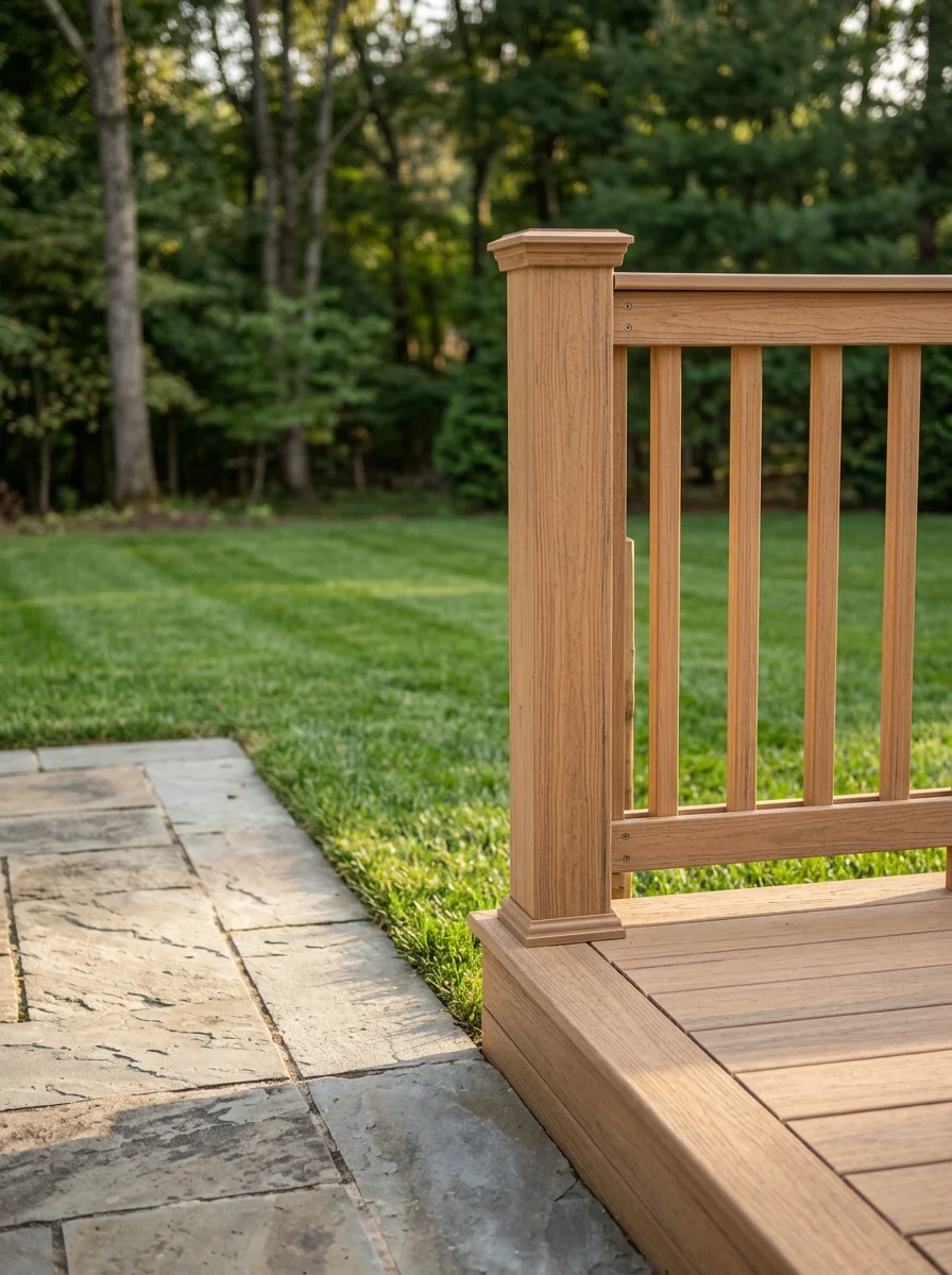 Custom deck and outdoor living space on Great Falls property overlooking wooded landscape