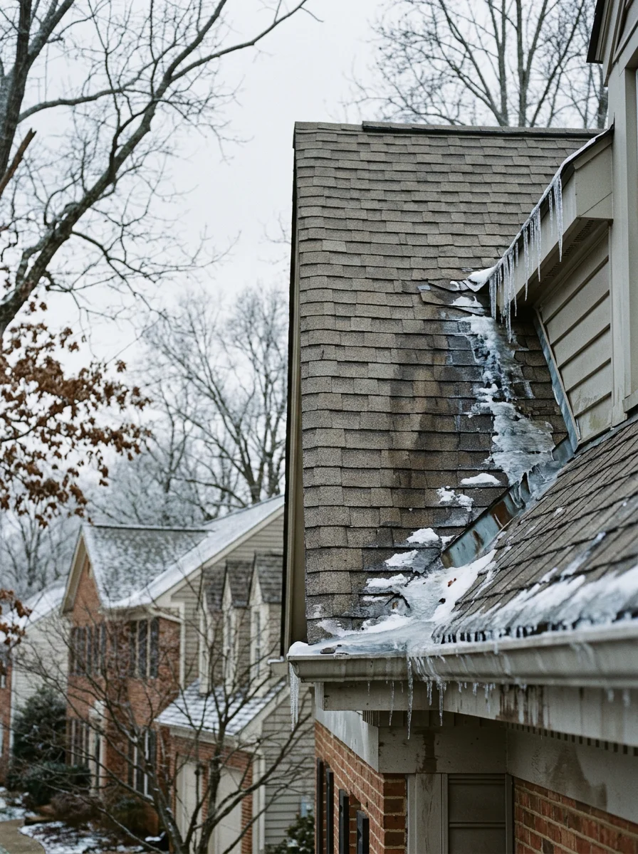 Vienna VA roof with snow and ice showing freeze-thaw damage and flashing vulnerability