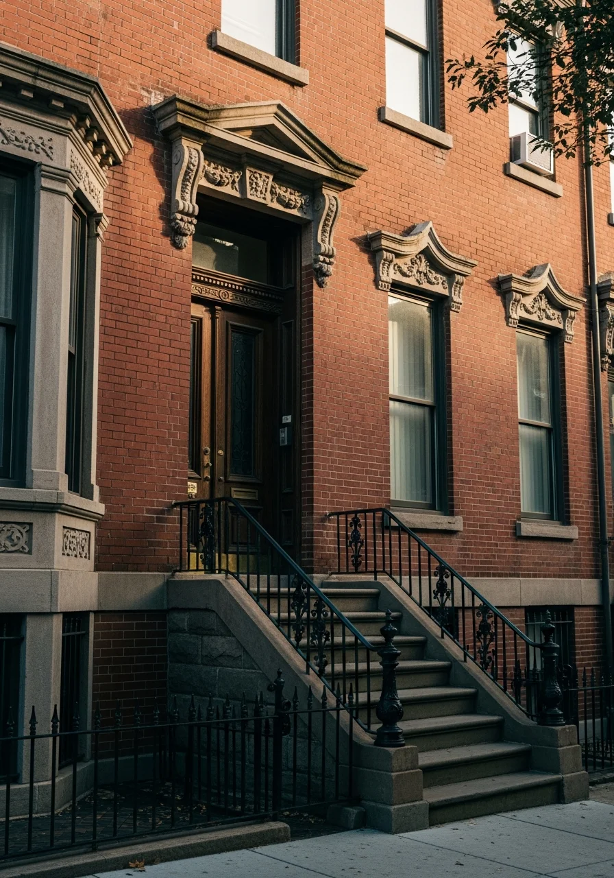 Detailed view of ornate DC rowhouse entrance with traditional stone steps and period details.