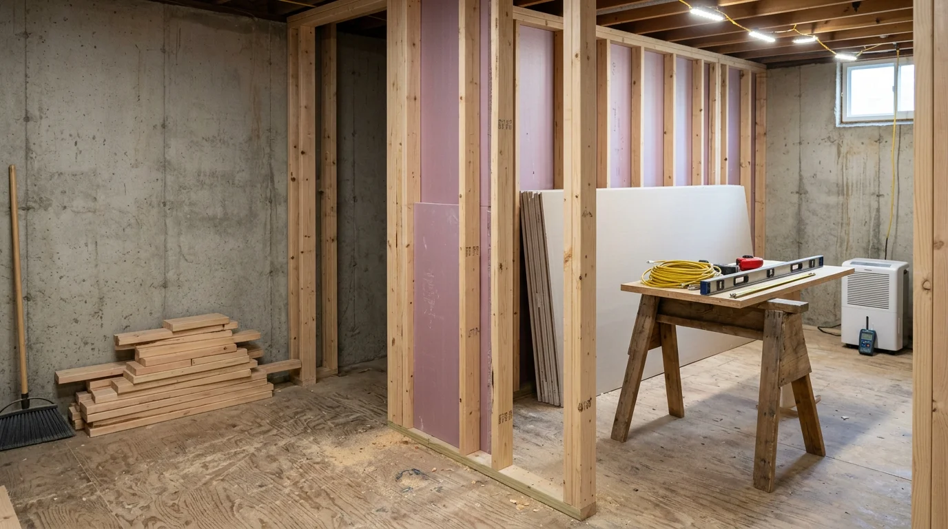 Finished basement remodel in an Arlington, Virginia home showing framed walls, recessed lighting, and new flooring. The space is set up as a home office with clean drywall finishes and a neutral color palette.
