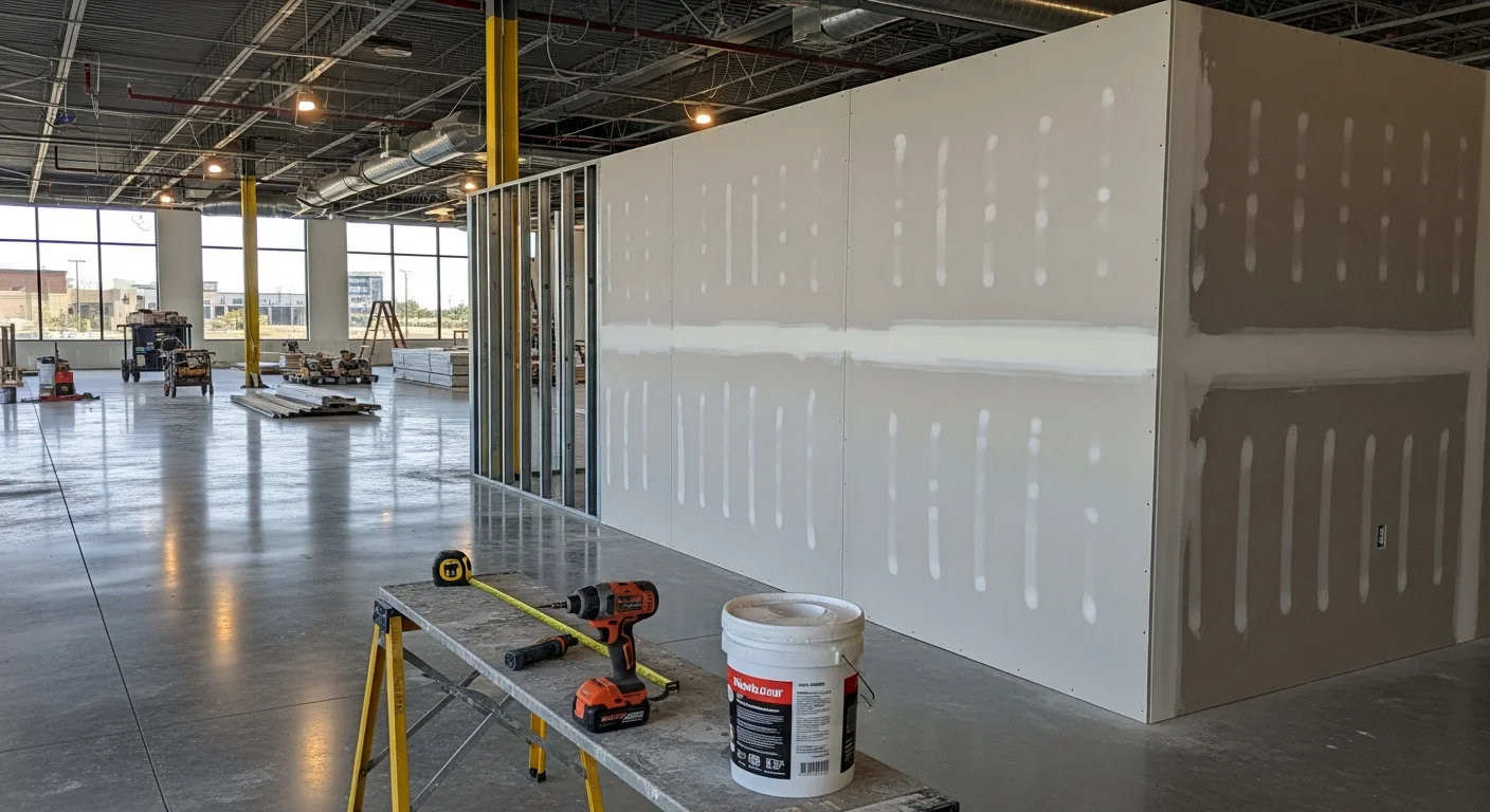 Renovated commercial office interior in Arlington, TX showing updated partition walls, recessed lighting, and new flooring in a freshly completed workspace. Argo Contractors specialty renovation work in an Arlington mixed-use building.