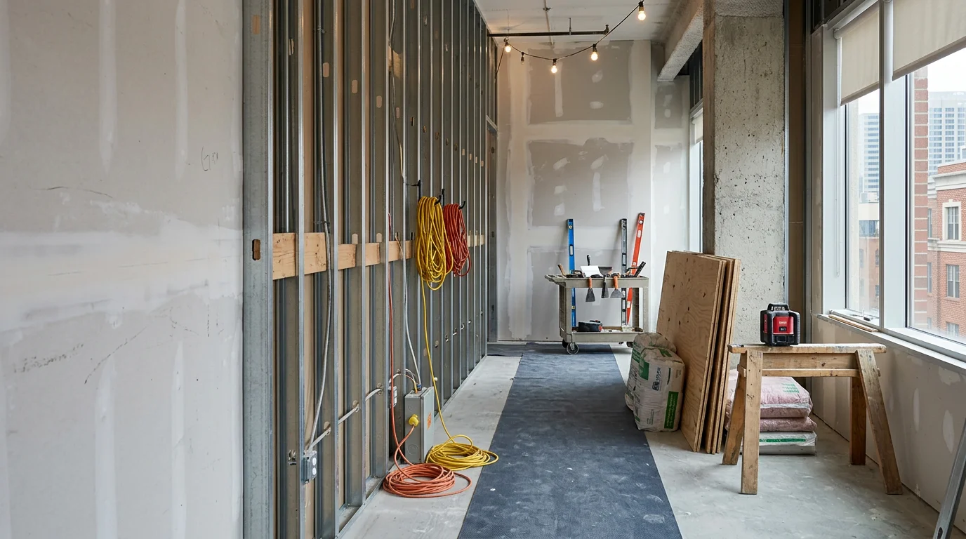 Commercial interior renovation in progress in an Arlington, Virginia office building, showing framed walls, open ceiling structure, and active construction work. Argo Contractors general contracting project in the DC metro area.