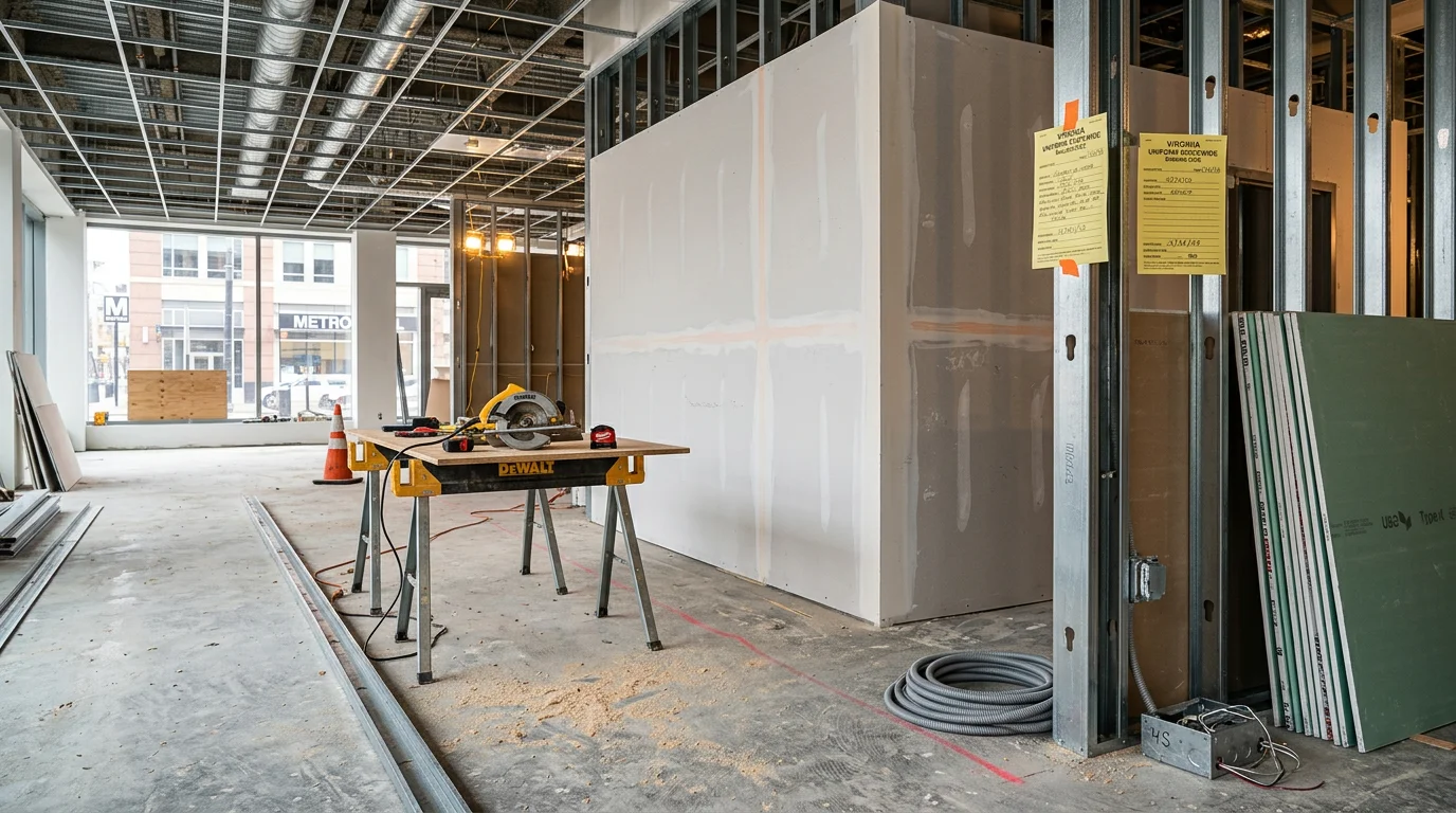 A renovated commercial office interior in Arlington, Virginia, showing open-plan workspace with finished ceilings, new flooring, and updated partition walls. A general contractor reviews construction documents on-site during a commercial build-out project.