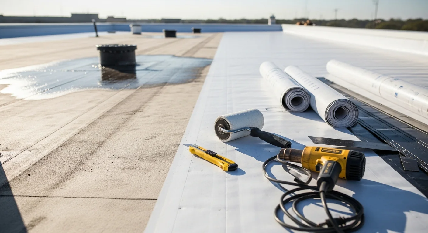 A flat commercial roof on an Arlington, TX business building showing a clean membrane surface with proper drainage points and no visible pooling or damage. Argo Contractors commercial roofing work on a low-slope system in the Arlington area.