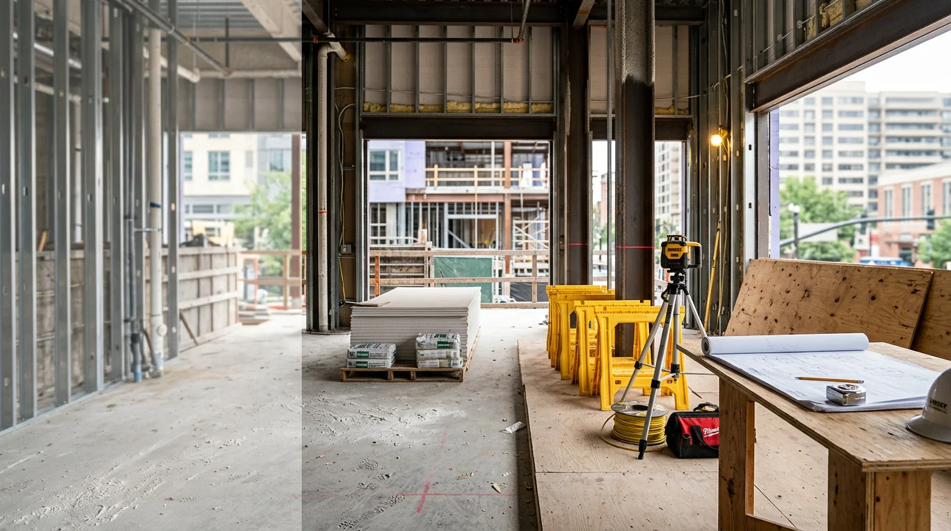 A completed commercial interior build-out in Arlington, Virginia, showing an open-plan business space with finished flooring, framed walls, and commercial-grade lighting. The space reflects the type of ground-up and remodel work Argo Contractors delivers across the Northern Virginia and DC metro area.