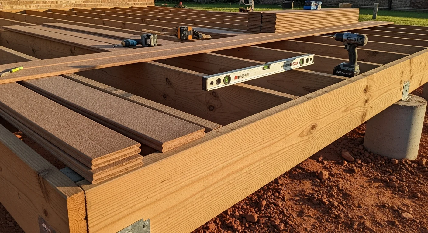 A newly installed wood deck attached to the back of a single-family home in Arlington, TX, with stairs leading to the yard and a railing system along the perimeter. The deck sits on a concrete footing system suited for North Texas clay soil conditions.