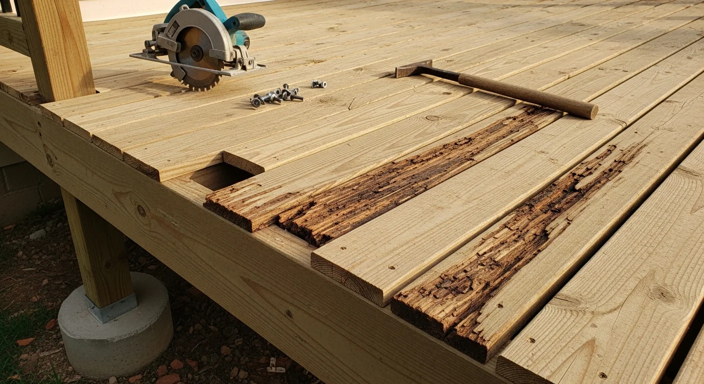 A repaired residential deck in Arlington, Texas showing replaced surface boards, re-secured railings, and reinforced post connections on a backyard structure. Close-up view of new decking boards flush with existing framing after professional repair work by Argo Contractors.