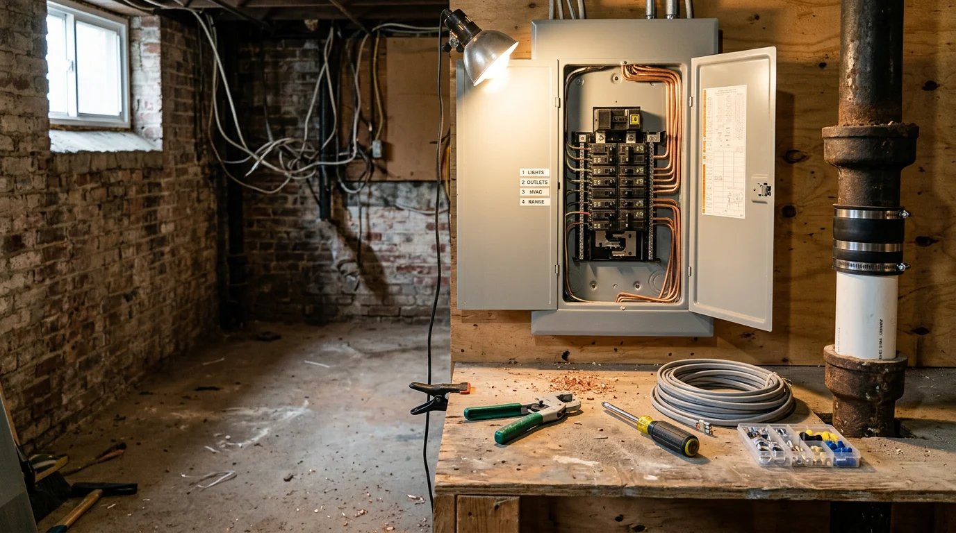 A contractor inspecting exposed electrical wiring and copper plumbing pipes inside the wall cavity of an older Arlington, Virginia home during a renovation. The image shows both systems running parallel before drywall installation.