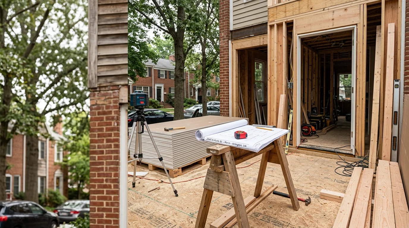 An Argo Contractors team member reviewing a residential property in Arlington, Virginia during a free estimate walkthrough. The image shows an exterior assessment of a home with a notepad in hand, reflecting a professional on-site evaluation.