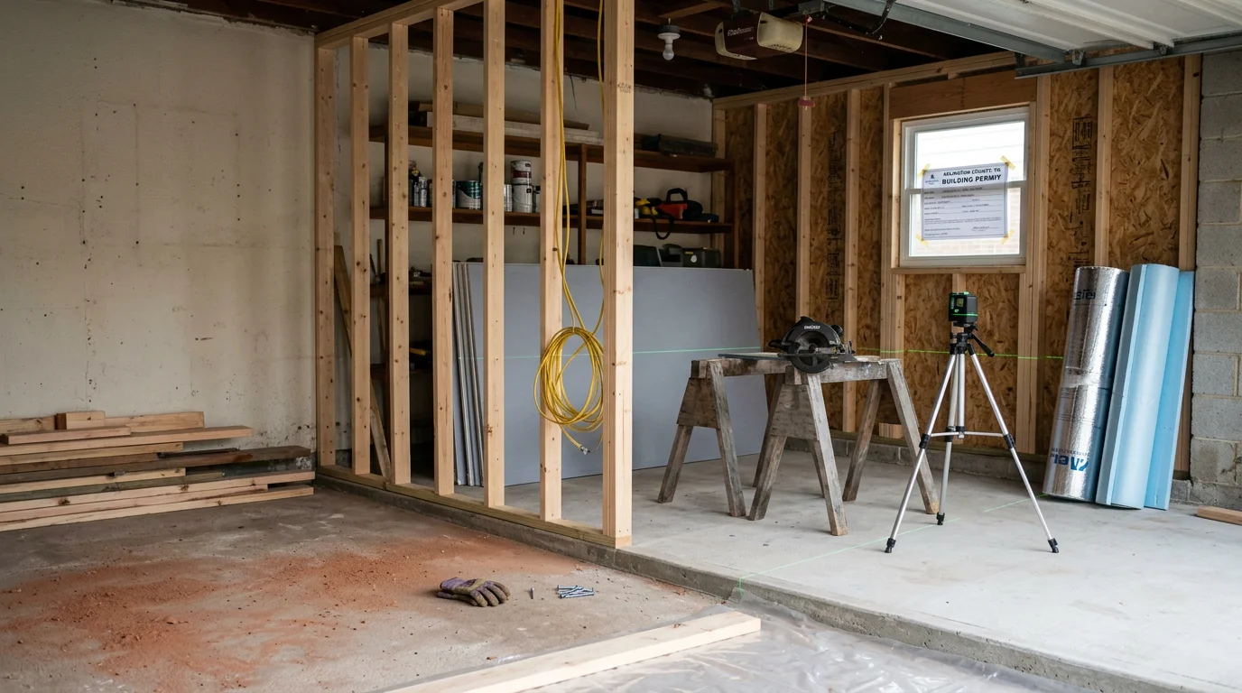 A finished garage conversion interior in Arlington, Virginia, showing a bright living space with insulated walls, wood-look flooring, and a window added for natural light and egress. The space reflects a single-car garage transformed into a habitable room by a general contractor.